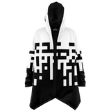 Black and white geometric patterned hoodie on a white background
