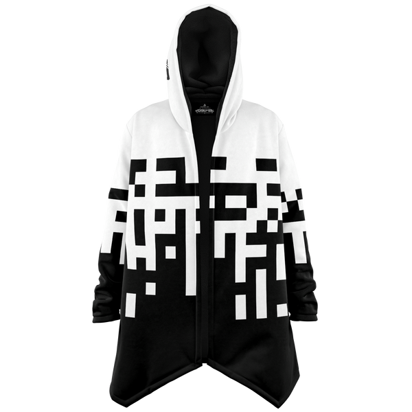 Black and white geometric patterned hoodie on a white background