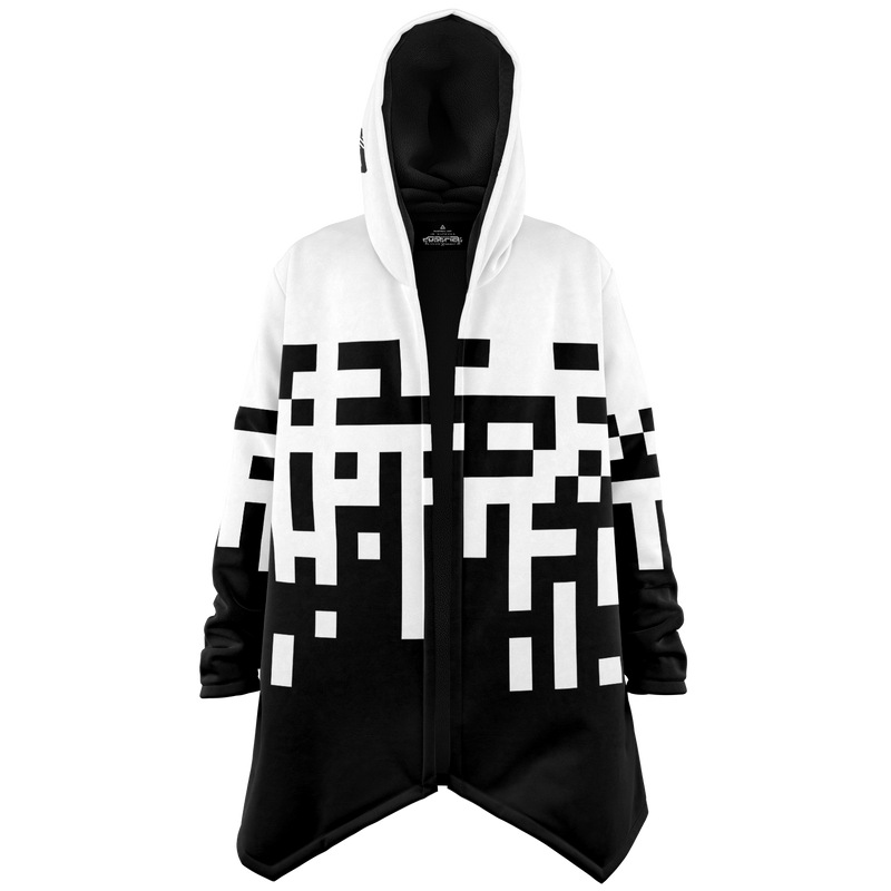 Black and white geometric patterned hoodie on a white background