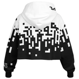 Black and white geometric patterned hoodie on a white background