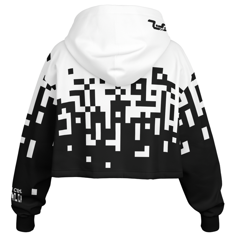 Black and white geometric patterned hoodie on a white background