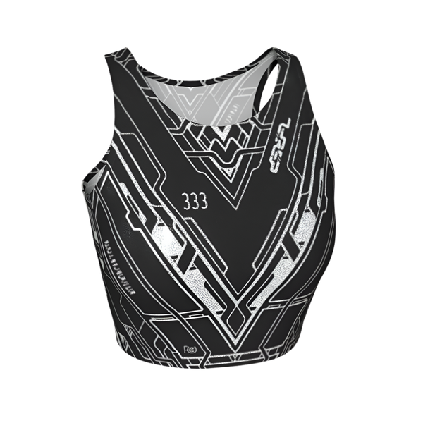 Black and white sports bra with geometric pattern on a light gray background