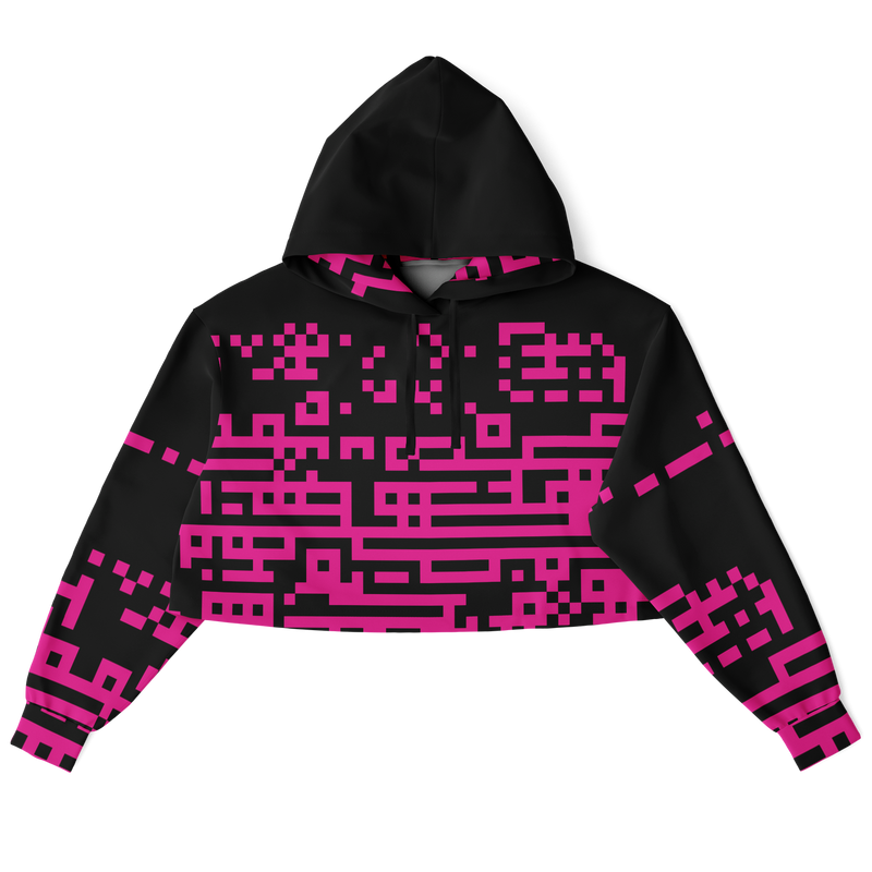 Black hoodie with pink geometric pattern on a white background