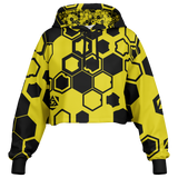 Yellow and black hexagonal patterned hoodie on a white background