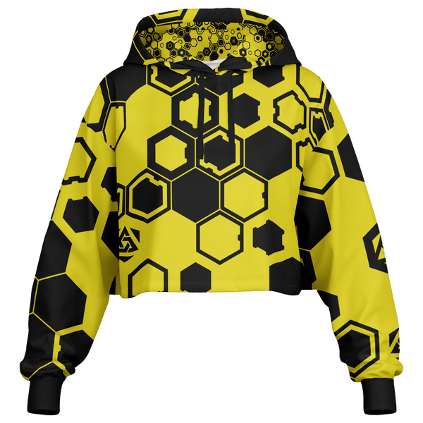Yellow and black hexagonal patterned hoodie on a white background