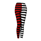 Leggings with red, black, and white horizontal stripes on a light gray background