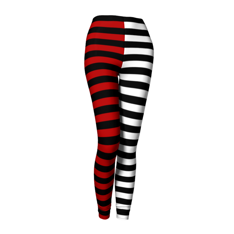 Leggings with red, black, and white horizontal stripes on a light gray background