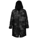 Black hooded coat with geometric pattern on a white background