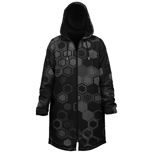 Black hooded coat with geometric pattern on a white background