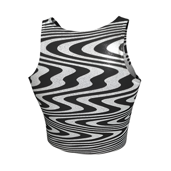 Black and white patterned sleeveless top on a light gray background