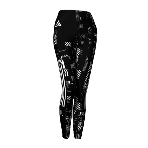 Black leggings with geometric pattern on a white background