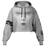 Gray hoodie with black logo on sleeves on a white background