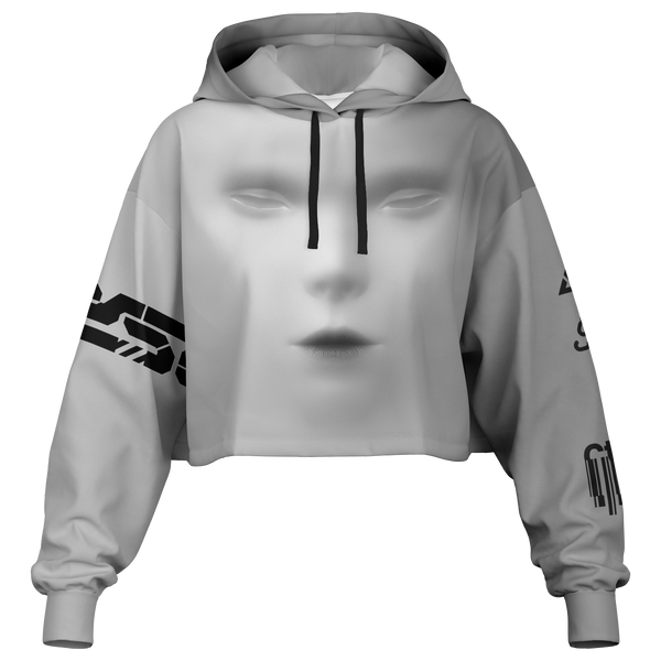 Gray hoodie with black logo on sleeves on a white background