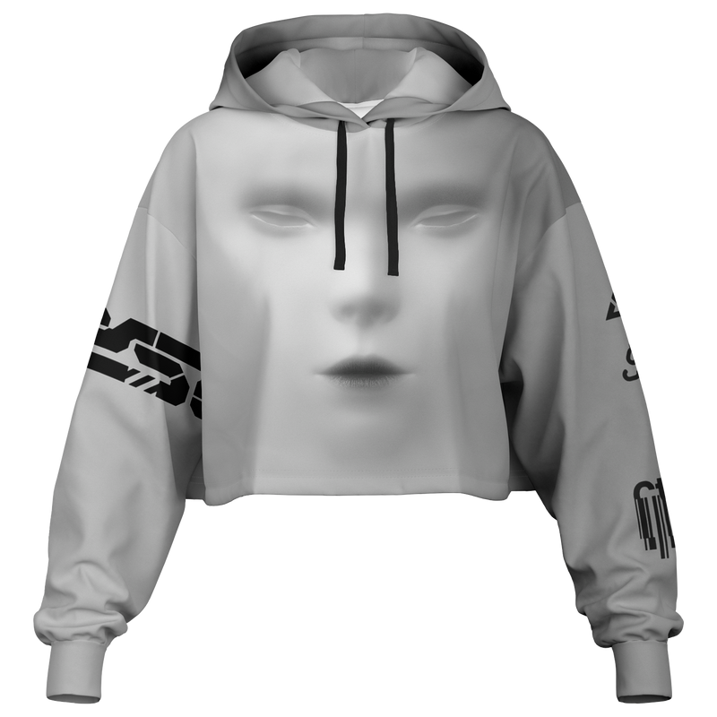 Gray hoodie with black logo on sleeves on a white background