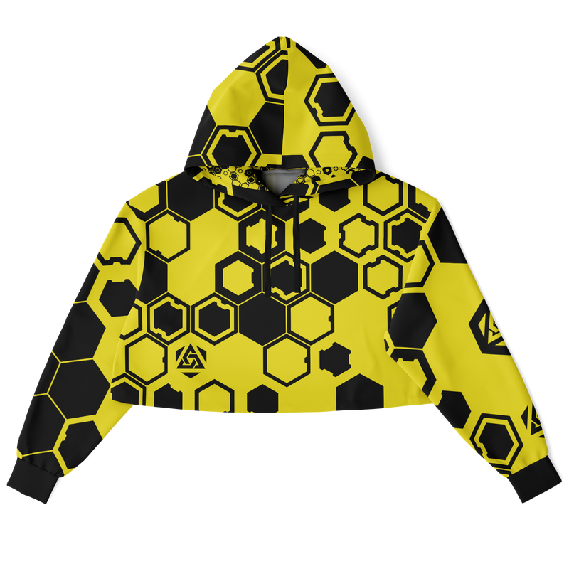 Yellow and black hexagonal patterned hoodie on a white background