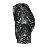 Black and white patterned athletic shorts on a light gray background