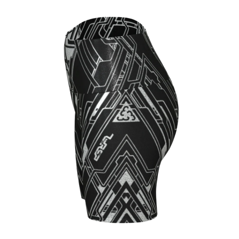 Black and white patterned athletic shorts on a light gray background