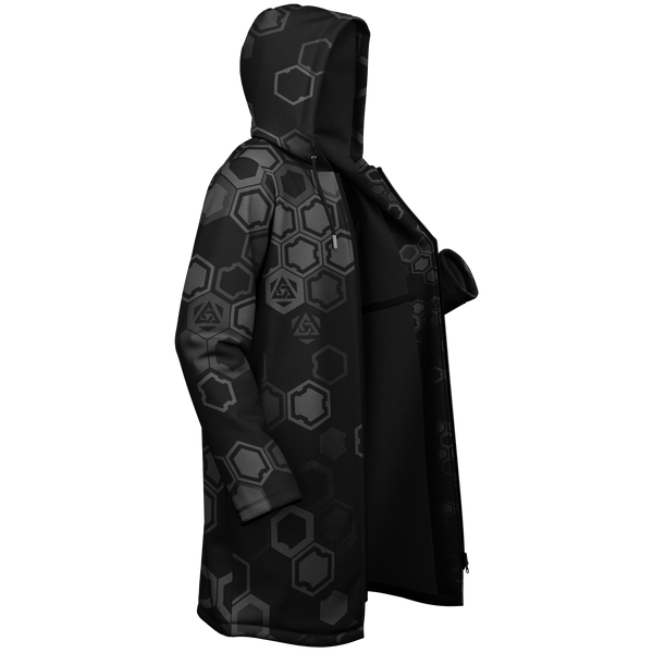 Black hooded coat with geometric pattern on a white background