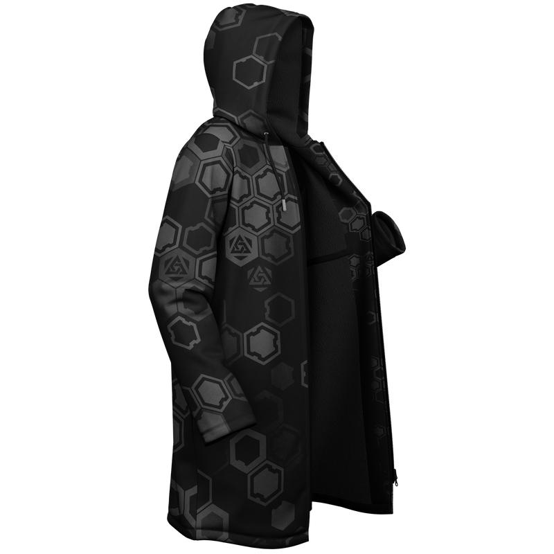 Black hooded coat with geometric pattern on a white background