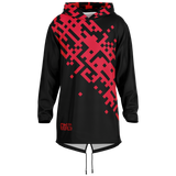 Black and red geometric patterned hoodie on a white background