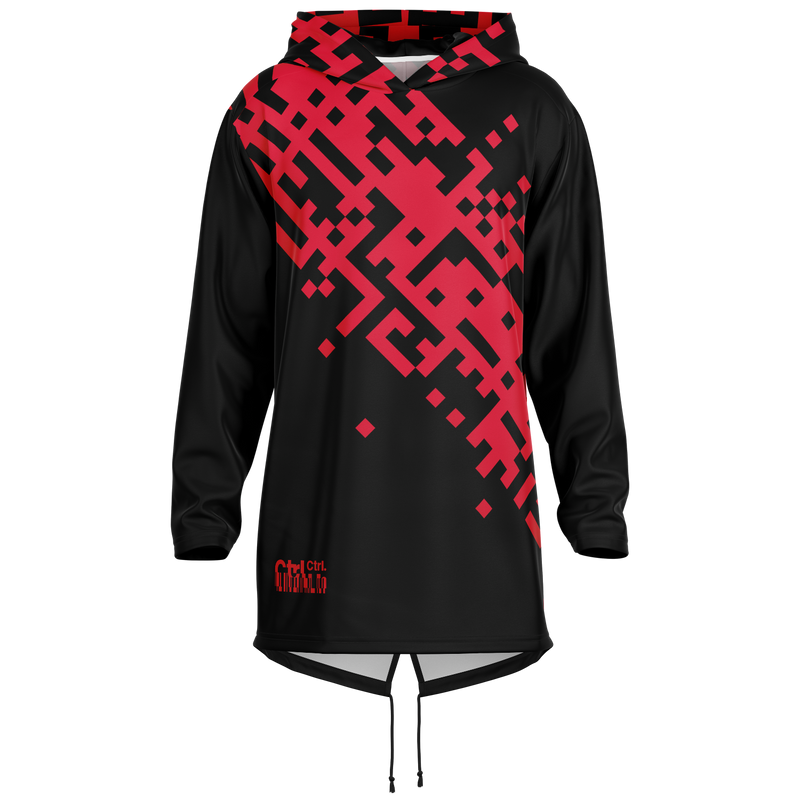 Black and red geometric patterned hoodie on a white background