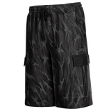 Black cargo shorts with a dark gray abstract thorny pattern, featuring an elastic drawstring waist and a side cargo pocket, shown against a plain white background.