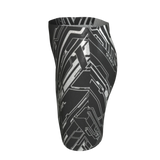 Black athletic compression shorts with geometric pattern on a light gray background