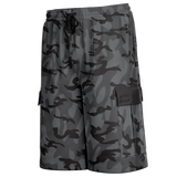 Gray camouflage cargo shorts with a drawstring waist and side cargo pockets, shown on a plain white background.