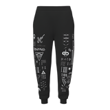 Black jogger pants with white symbols and text
