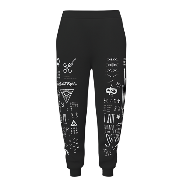 Black jogger pants with white symbols and text