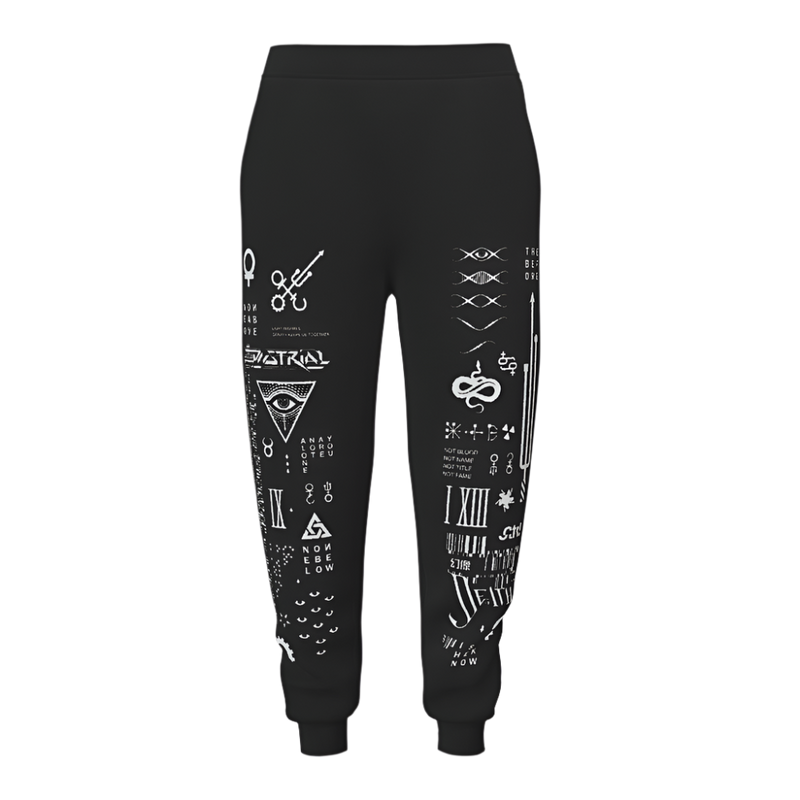 Black jogger pants with white symbols and text