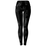 Black leggings with geometric pattern on a white background