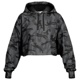 A cropped long-sleeve hoodie with an all-over dark gray and black camouflage pattern, featuring black drawstrings and ribbed cuffs, shown on a plain white background.