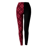 Plaid leggings with a black and red pattern on a light gray background