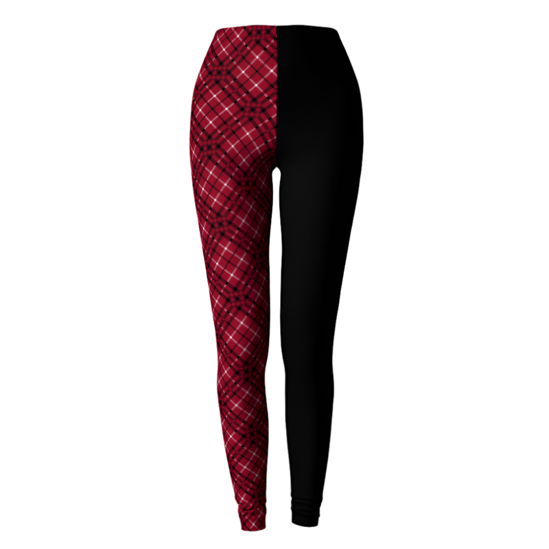 Plaid leggings with a black and red pattern on a light gray background
