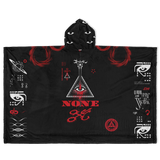 Black hooded poncho with red and white symbols and text on a white background