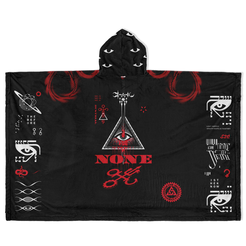 Black hooded poncho with red and white symbols and text on a white background