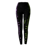 Black leggings with colorful geometric pattern on a light gray background