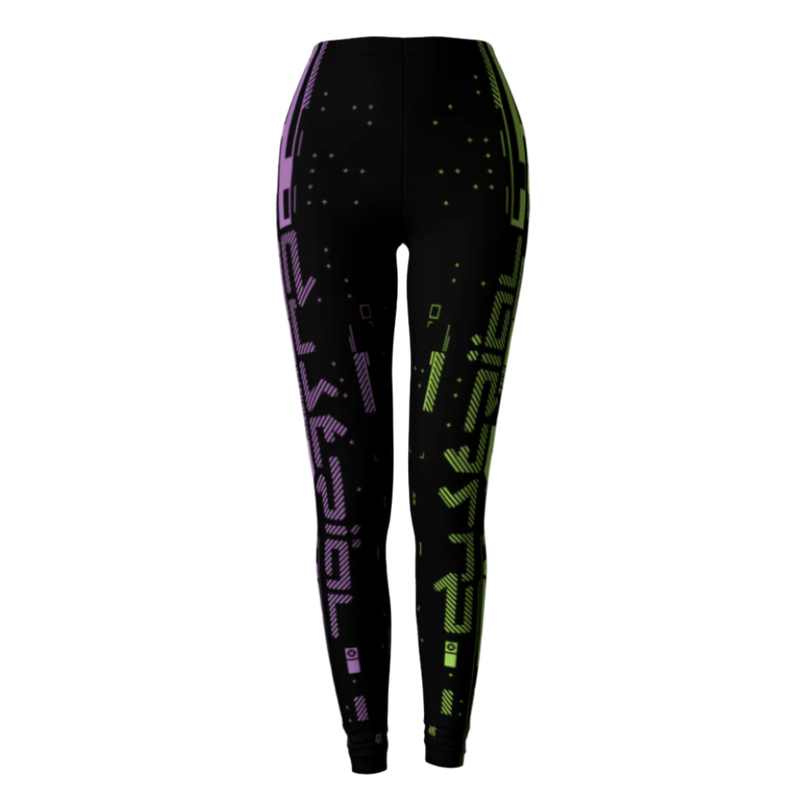 Black leggings with colorful geometric pattern on a light gray background