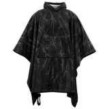 A black hooded poncho with a dark gray abstract branch-like pattern, displayed on a clean white background.