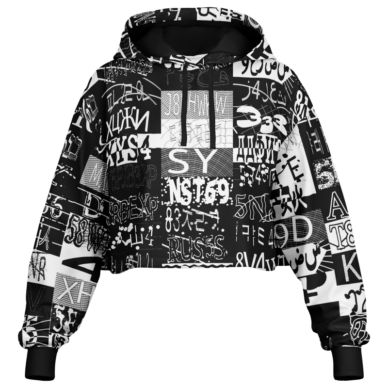 Black and white patterned hoodie on a white background