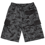 Gray and black camouflage cargo shorts with an elastic waistband, shown from the back on a white background.