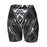 Black and white patterned swim shorts on a light gray background