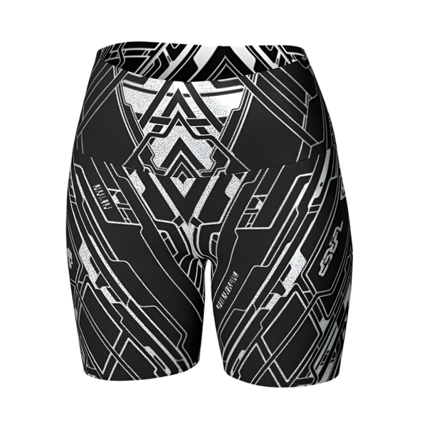 Black and white patterned swim shorts on a light gray background