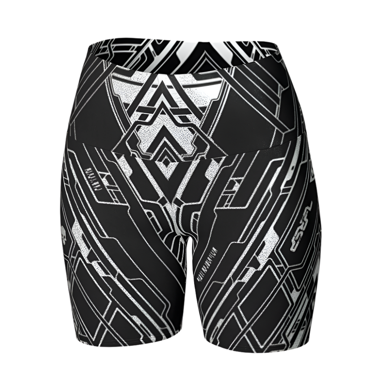 Black and white patterned swim shorts on a light gray background