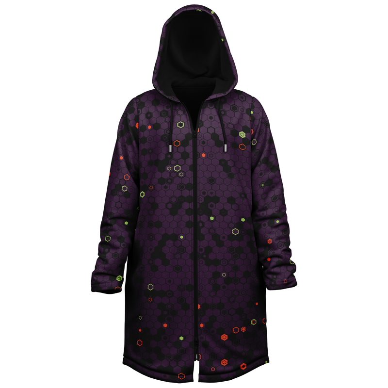 Purple coat with geometric pattern on a white background
