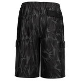 Black cargo shorts with a dark gray abstract splatter pattern, featuring side cargo pockets and a back pocket, shown against a plain white background.