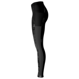 Black and gray leggings with geometric pattern on a white background