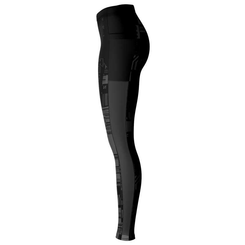 Black and gray leggings with geometric pattern on a white background