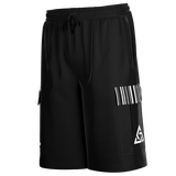 Black shorts with a barcode design on a white background